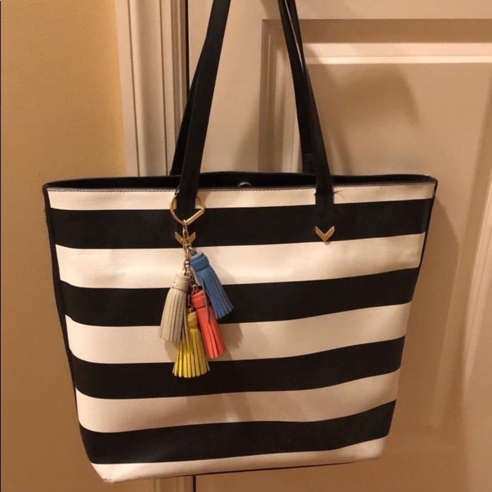 Stella & Dot vegan black & whiter striped purse with tassel